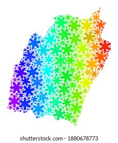 Mosaico degradado de arcoiris del mapa estatal de Manipur creado para la celebración de Año Nuevo. El mosaico del mapa del estado de Manipur está moldeado por coloridas partes de nieve. Diseñado para fines de Año Nuevo.