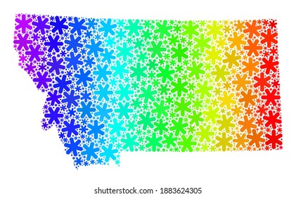 Rainbow gradient mosaic of Montana State map designed for Winter holidays. Montana State map mosaic is designed of bright snow flakes. Designed for political projects.