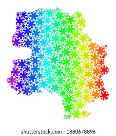 Regenbogen Farbverlauf-Mosaik von Neu Delhi City Karte für Winterwerbung getan. Das Stadtplan-Mosaik von Neu Delhi besteht aus hellen Schneeteilen. Entworfen für Weihnachtsanzeigen.