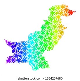 Mosaico degradado de arcoiris de Pakistán construido para ventas de invierno. El mosaico del mapa de Pakistán está compuesto de nieve colorida. Diseñado para anuncios de invierno.