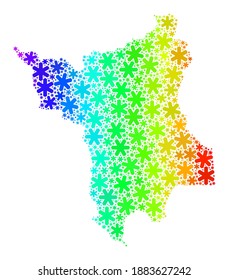 Rainbow gradient mosaic of Roraima State map constructed for New Year ads. Roraima State map mosaic is done from colorful snowflakes. Designed for New Year purposes.