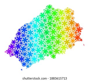 Rainbow gradient mosaic of Saint Helena Island map designed for Winter ads. Saint Helena Island map mosaic is created with multicolored snow icons. Designed for Winter applications.