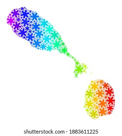 Mosaico degradado de arcoiris de Saint Kitts y Nevis diseñado para las vacaciones de Año Nuevo. El mosaico cartográfico de Saint Kitts y Nevis está hecho de cristales de hielo coloridos. Diseñado para ilustraciones de Año Nuevo.
