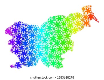 Rainbow gradient mosaic of Slovenia map done for New Year holidays. Slovenia map mosaic is designed of bright snow items. Designed for New Year applications.