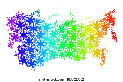 Mosaico degradado del arcoiris del mapa de la Unión Soviética construido para anuncios de invierno. El mosaico del mapa de la Unión Soviética está hecho de brillantes iconos de nieve. Diseñado para anuncios de Navidad.