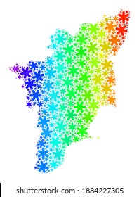 Mosaico degradado de arcoiris del mapa del estado de Tamil Nadu combinado para la celebración de Año Nuevo. El mosaico del mapa del estado de Tamil Nadu está formado por partes de nieve brillantes. Diseñado para fines de Año Nuevo.