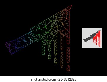 Rainbow-Farbverlauf-Netto-blutigen Messer-Symbol. Geometrisches Rahmenflachnetz basiert auf einem blutigen Messersymbol, das mit polygonalen Maschen-Schlachtkörpern mit Regenbogenverlauf erzeugt wird.