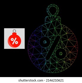 Rainbow gradient net christmas discount ball icon. Geometric frame flat net based on christmas discount ball icon, generated with triangle mesh net, with spectral gradient.