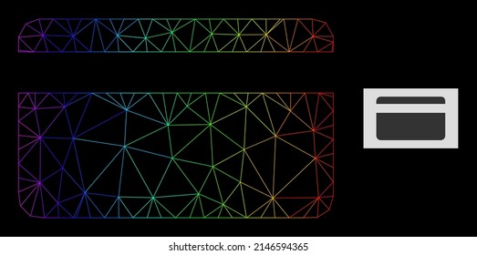 Rainbow gradient net credit card icon. Geometric frame 2D net based on credit card icon, generated with polygonal mesh net, with rainbow gradient.