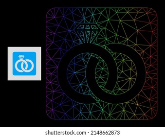 Rainbow gradient net diamond wedding rings icon. Geometric frame 2D net based on diamond wedding rings icon, generated with triangle mesh network, with rainbow gradient.
