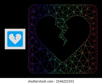 Rainbow gradient net divorce heart icon. Geometric frame flat network based on divorce heart icon, generated with polygonal mesh network, with spectrum gradient.