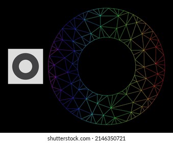 Rainbow gradient net donut icon. Geometric carcass flat network based on donut icon, generated with triangle mesh carcass, with rainbow gradient.