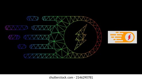 Icono de chispa eléctrica de red de gradiente arco iris. Red plana de marco geométrico basada en el icono de chispa eléctrica, generada con red de malla poligonal, con gradiente arco iris.