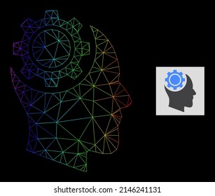 Rainbow gradient net human intellect gear icon. Geometric carcass flat network is based on human intellect gear icon, generated with triangle mesh carcass, with rainbow gradient.