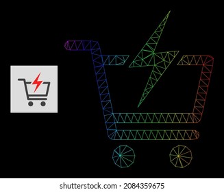 Rainbow gradient net instant shopping icon. Geometric carcass flat net is based on instant shopping icon, generated with triangular mesh net, with spectrum gradient.