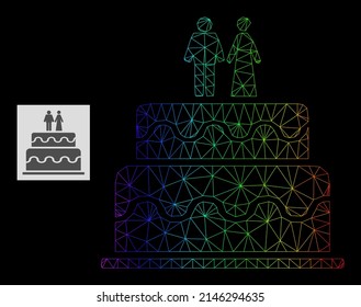 Rainbow gradient net marriage cake icon. Geometric carcass flat net is based on marriage cake icon, generated with triangle mesh carcass, with rainbow gradient.