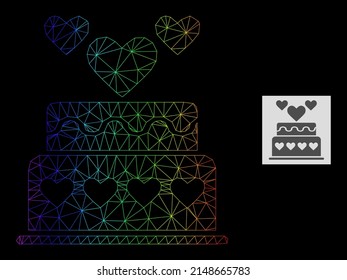 Rainbow gradient net marriage cake icon. Geometric frame flat net based on marriage cake icon, generated with polygonal mesh carcass, with rainbow gradient.