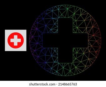 Rainbow gradient net medical cross icon. Geometric frame 2D net based on medical cross icon, generated with triangular mesh network, with rainbow gradient.