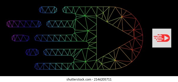 Rainbow gradient net play function icon. Geometric carcass flat net based on play function icon, generated with polygonal mesh net, with rainbow gradient.