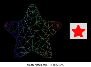 Rainbow gradient net red star icon. Geometric carcass flat net is based on red star icon, generated with triangular mesh carcass, with rainbow gradient.