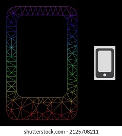 Icono de smartphone con red de gradiente arco iris. Red plana de canal geométrica basada en icono de smartphone, generada con red de malla triangular, con gradiente de espectro.