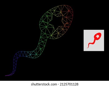 Rainbow gradient net sperm winner icon. Geometric carcass flat net based on sperm winner icon, generated with triangle mesh carcass, with spectral gradient.