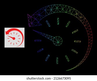 Rainbow gradient net time backward icon. Geometric carcass flat net is based on time backward icon, generated from triangular mesh carcass, with rainbow gradient.