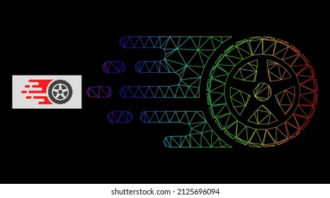 Icono de la rueda del neumático con gradiente de arco iris. La red plana de cuadro geométrico se basa en el icono de rueda del neumático, generado con red de malla poligonal, con gradiente espectral.