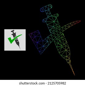 Icono confirmado de la vacuna contra el gradiente arco iris. Red de marco geométrico 2D basada en un icono confirmado de la vacuna, generado con red de malla triangular, con gradiente arco iris.