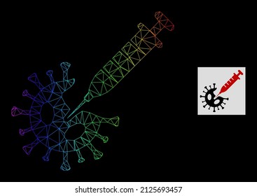 Rainbow gradient net virus vaccination icon. Geometric carcass 2D net based on virus vaccination icon, generated with polygonal mesh carcass, with rainbow gradient.