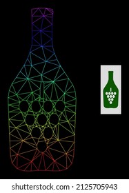 Rainbow gradient net wine bottle icon. Geometric frame flat net based on wine bottle icon, generated with polygonal mesh net, with rainbow gradient.