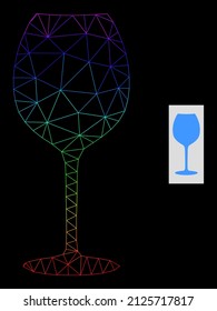 Rainbow gradient net wine glass icon. Geometric frame flat net based on wine glass icon, generated with triangular mesh net, with rainbow gradient.