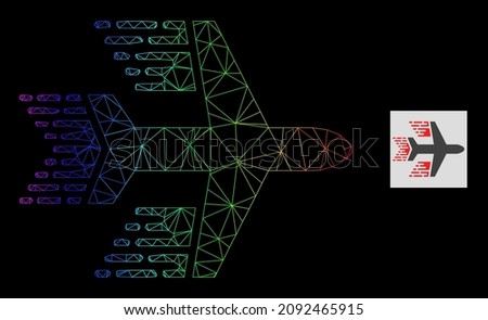 Rainbow gradient network aircraft icon. Geometric carcass flat network is based on aircraft icon, generated with triangular mesh network, with rainbow gradient.