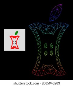 Rainbow gradient network apple stump icon. Geometric carcass 2D net is based on apple stump icon, generated with polygonal mesh carcass, with rainbow gradient.