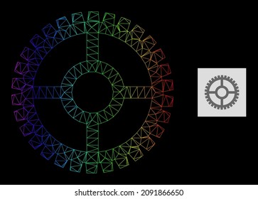 Rainbow gradient network clock cog icon. Geometric carcass flat network based on clock cog icon, generated with polygonal mesh framework, with rainbow gradient.