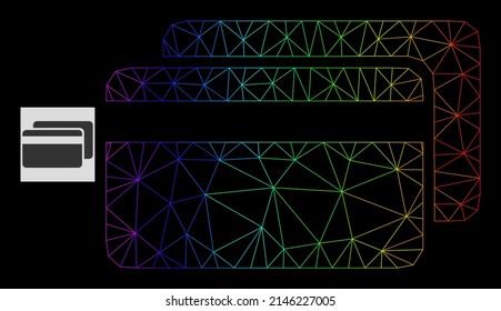 Rainbow gradient network credit cards icon. Geometric carcass flat net is based on credit cards icon, generated with triangular mesh carcass, with rainbow gradient.