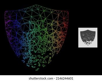 Rainbow gradient network damaged shield icon. Geometric carcass flat net is based on damaged shield icon, generated with triangle mesh carcass, with rainbow gradient.