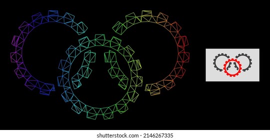 Rainbow gradient network gears icon. Geometric carcass flat net based on gears icon, generated with polygonal mesh net, with rainbow gradient.