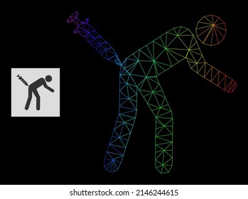 Rainbow gradient network man vaccination icon. Geometric carcass 2D network is based on man vaccination icon, generated with triangular mesh net, with rainbow gradient.