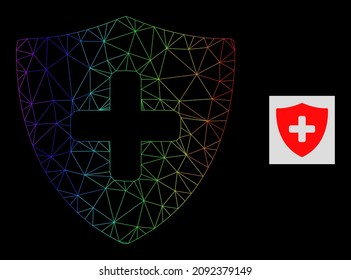 Icono de escudo médico de red de gradiente arco iris. La red 2D de canal geométrica se basa en un icono de escudo médico, generado con red de malla triangular, con gradiente arco iris.