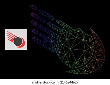 Rainbow gradient network meteor icon. Geometric frame flat network is based on meteor icon, generated with polygonal mesh carcass, with rainbow gradient.
