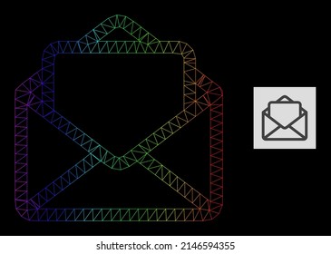 Rainbow Gradient Network Open Letter Icon. Geometric Frame 2D Network Is Based On Open Letter Icon, Generated With Triangular Mesh Carcass, With Rainbow Gradient.