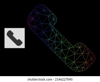 Rainbow gradient network phone receiver icon. Geometric carcass flat network is based on phone receiver icon, generated with polygonal mesh network, with spectrum gradient.