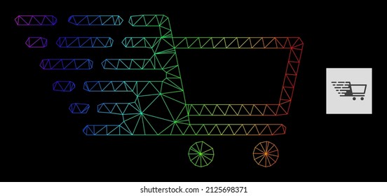 Icono del carro de la compra de la red de gradiente arcoiris. Red 2D de canal geométrica basada en el icono del carro de la compra, generado con red de malla triangular, con gradiente espectral.