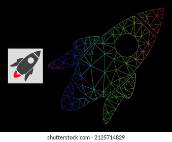 Rainbow gradient network space rocket icon. Geometric frame flat network based on space rocket icon, generated with polygonal mesh net, with rainbow gradient.