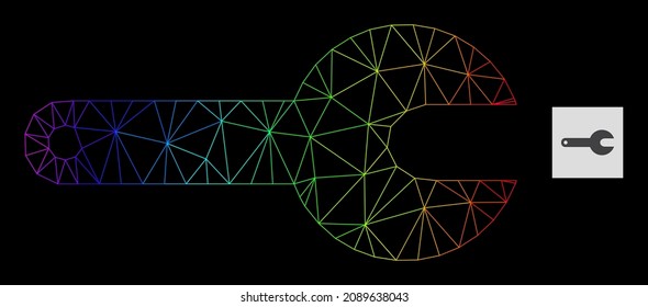 Rainbow gradient network spanner tool icon. Geometric carcass flat network is based on spanner tool icon, generated with triangular mesh net, with rainbow gradient.