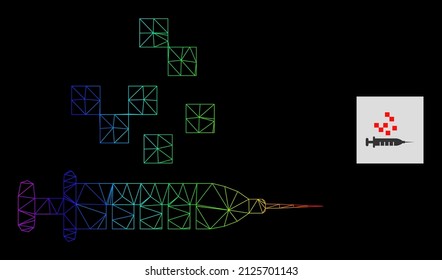Rainbow gradient network vaccine synthesis icon. Geometric carcass 2D network is based on vaccine synthesis icon, generated with triangular mesh network, with rainbow gradient.