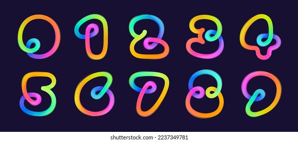 Rainbow gradient number set made of one line. Overlapping multicolor emblems with glossy shine. Ideal for colorful app icon, street art logo, bright advertising, toy packaging, multimedia identity.