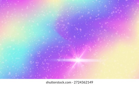 Regenbogenverlauf. rosafarbener Kawaii-Hintergrund und schönes Einhorn-Muster. Violett Prinzessin Hologramm. Vektor-Cartoon-Galaxie mit Funkeln und Meerjungfrauen-Glitzer. Blauer Regenbogenverlauf.