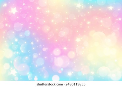 Regenbogen-Farbverlauf Himmel Hintergrund. Einhorn-Raum mit Glitzer und Sternen. Holografische pastellzauberhafte Textur mit Bokeh. Vektor-Hintergrundbild.